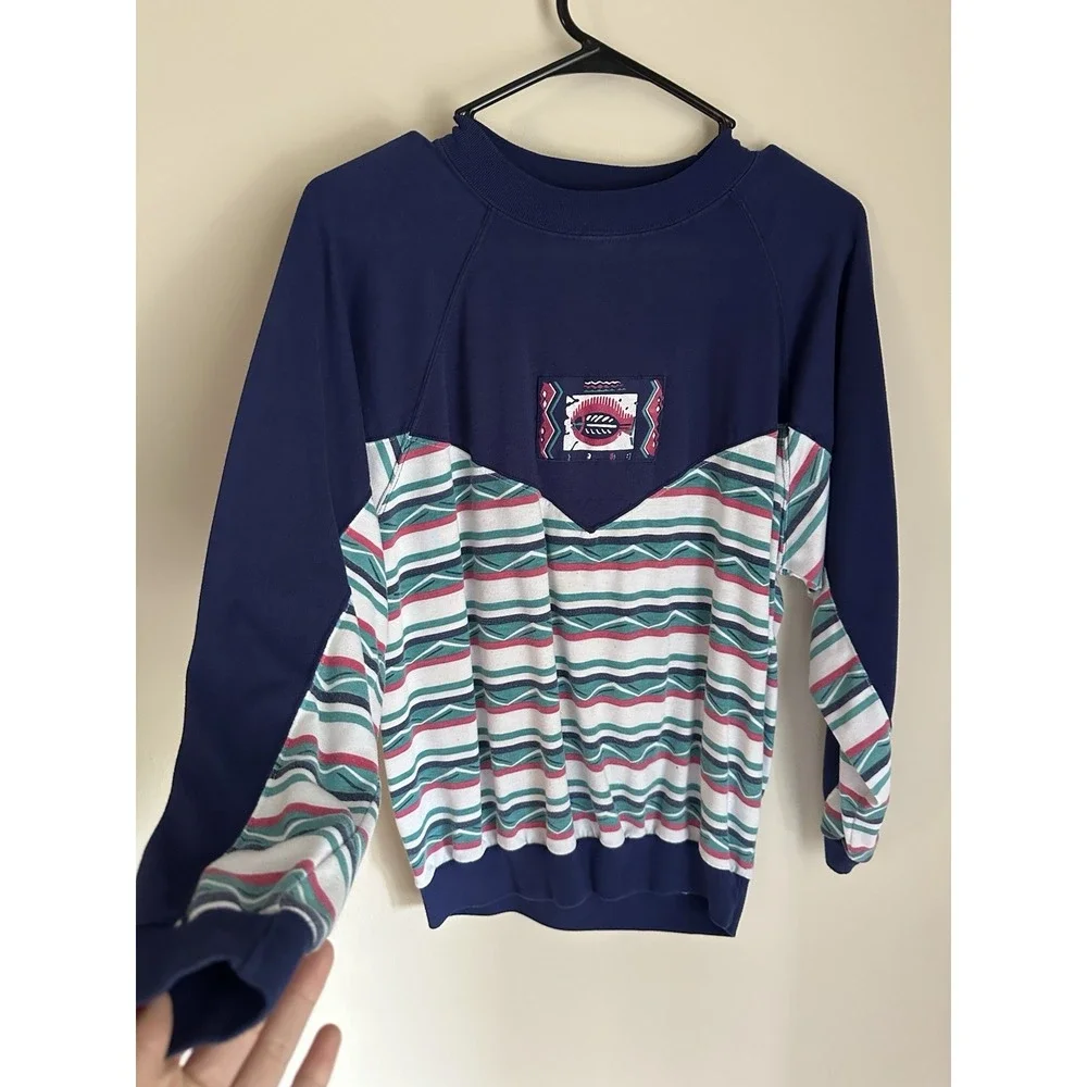Vintage Gina Peters Navy Blue Southwestern Striped Fish Graphic Sweatshirt Men M